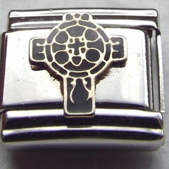 Black enamel Celtic cross 9mm stainless steel italian charm bracelet link new - Picture 1 of 2